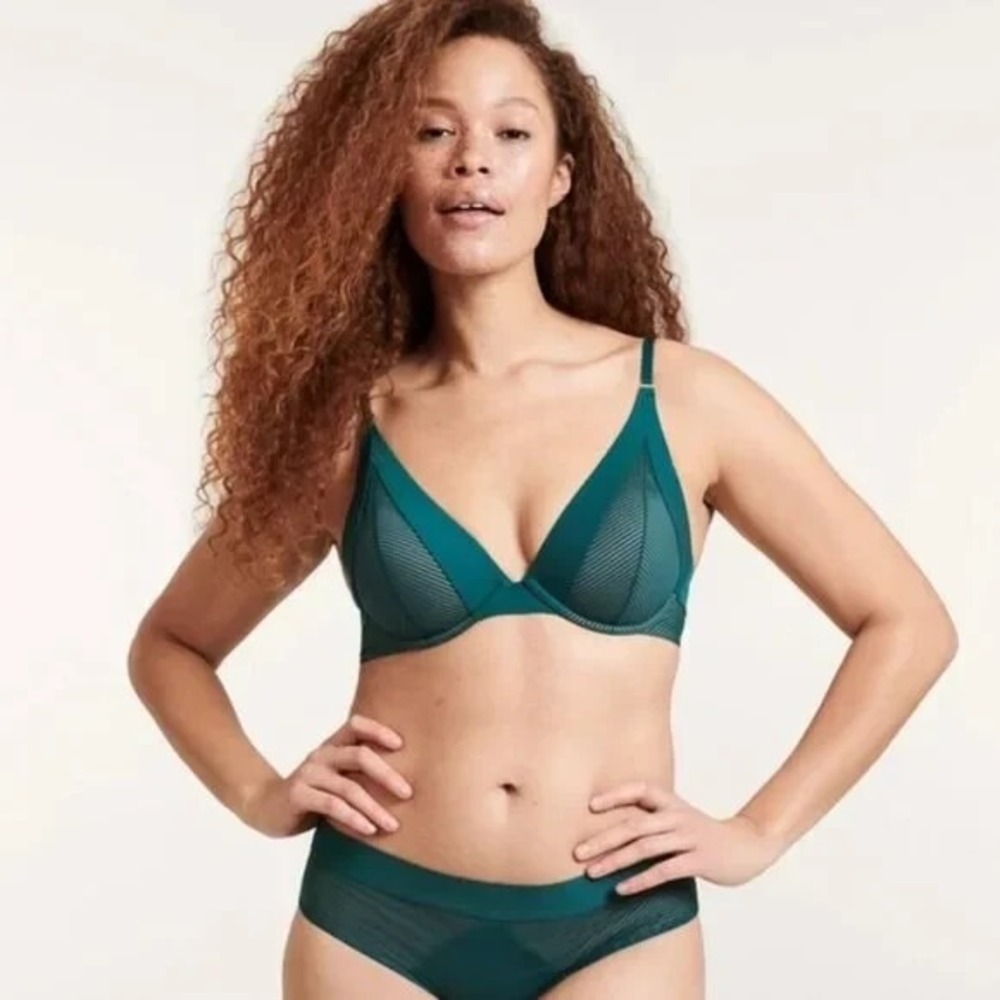 ThirdLove Plunge Bra Size 32D Green Shadow Stripe Lace Underwired